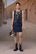 Navy Poly Wool Sequin Embellished Sleeveless Dress