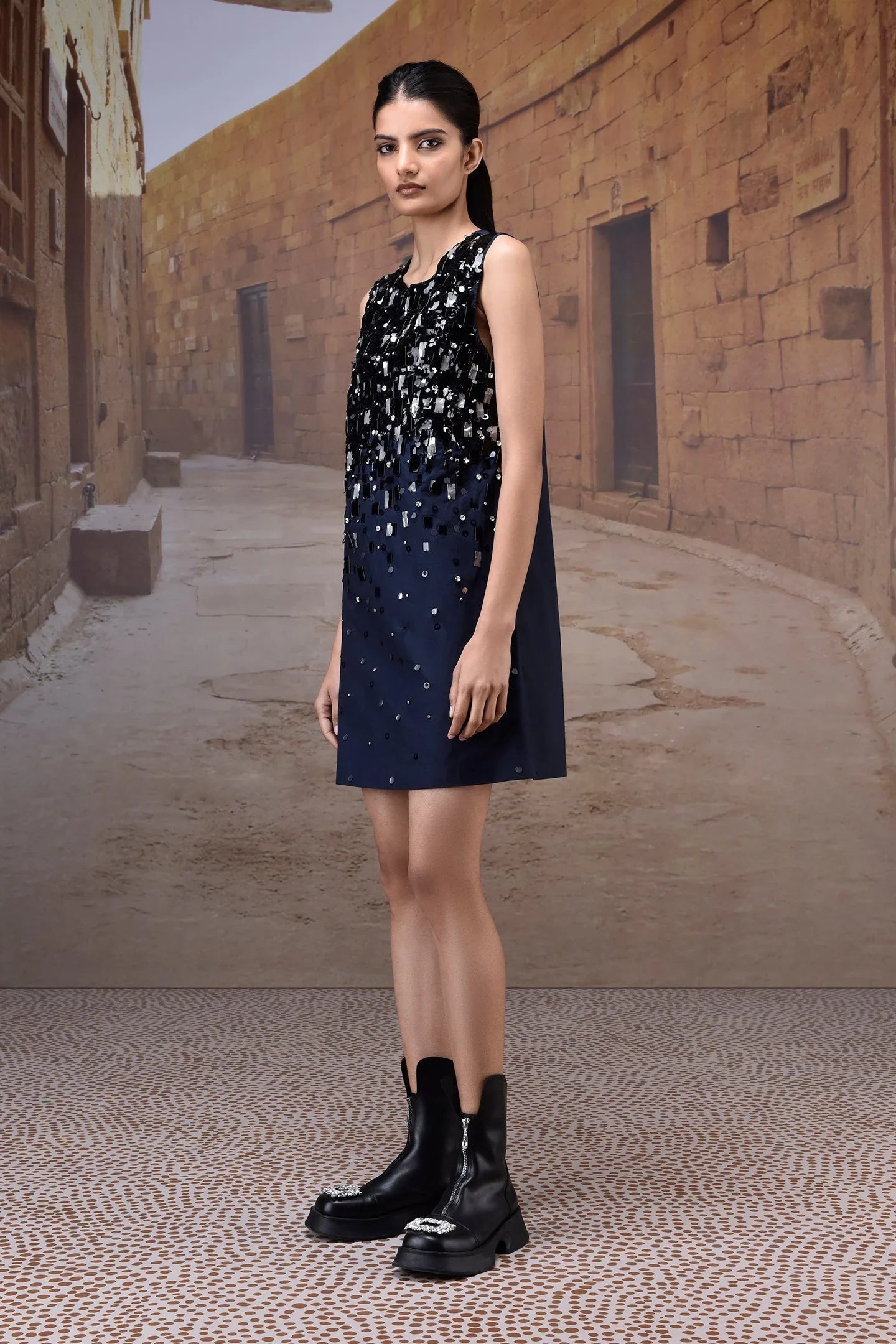Navy Poly Wool Sequin Embellished Sleeveless Dress