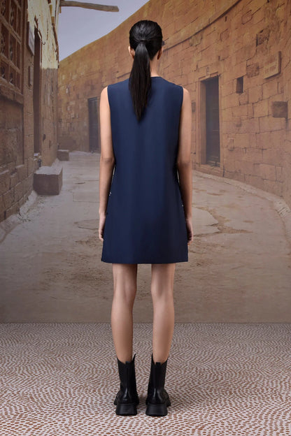 Navy Poly Wool Sequin Embellished Sleeveless Dress