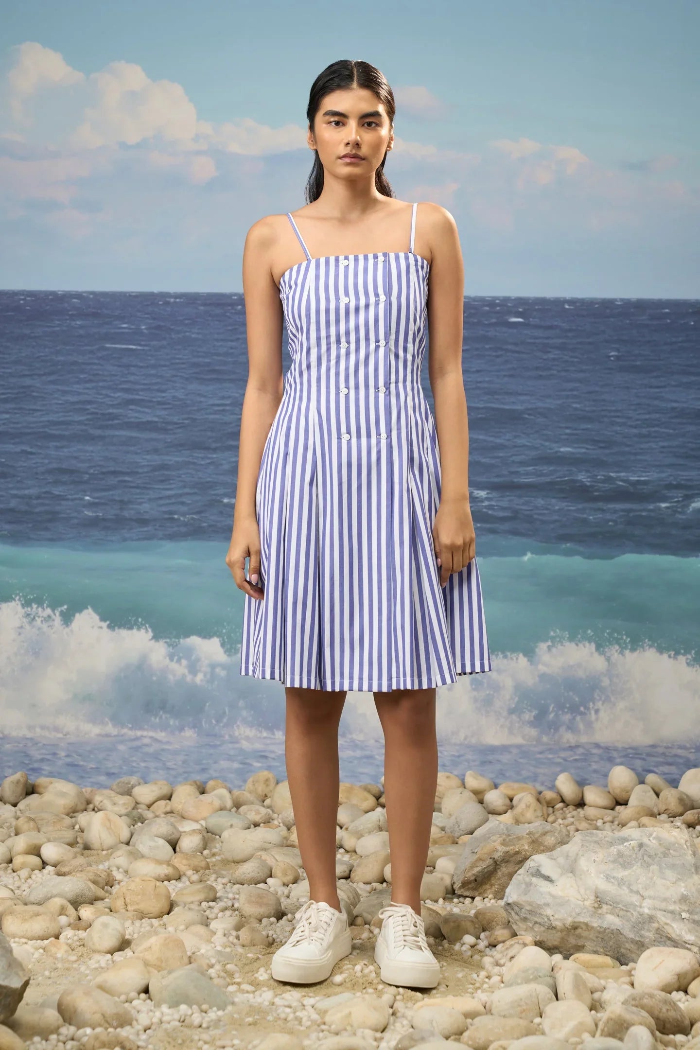 Navy Premium Cotton Bold Stripe Strapless Midi Dress