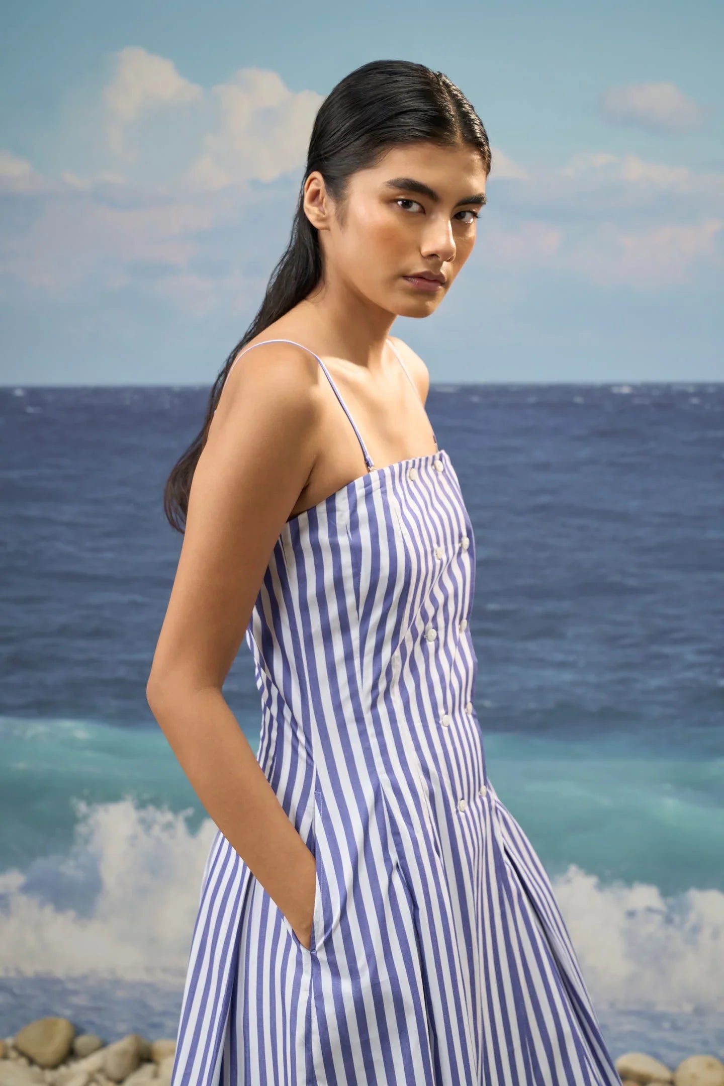 Navy Premium Cotton Bold Stripe Strapless Midi Dress