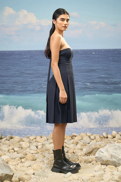 Navy Premium Poly Wool Sweetheart Neck Pleated Dress