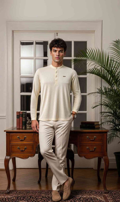 The Lineage Textured Henley - Warm Beige