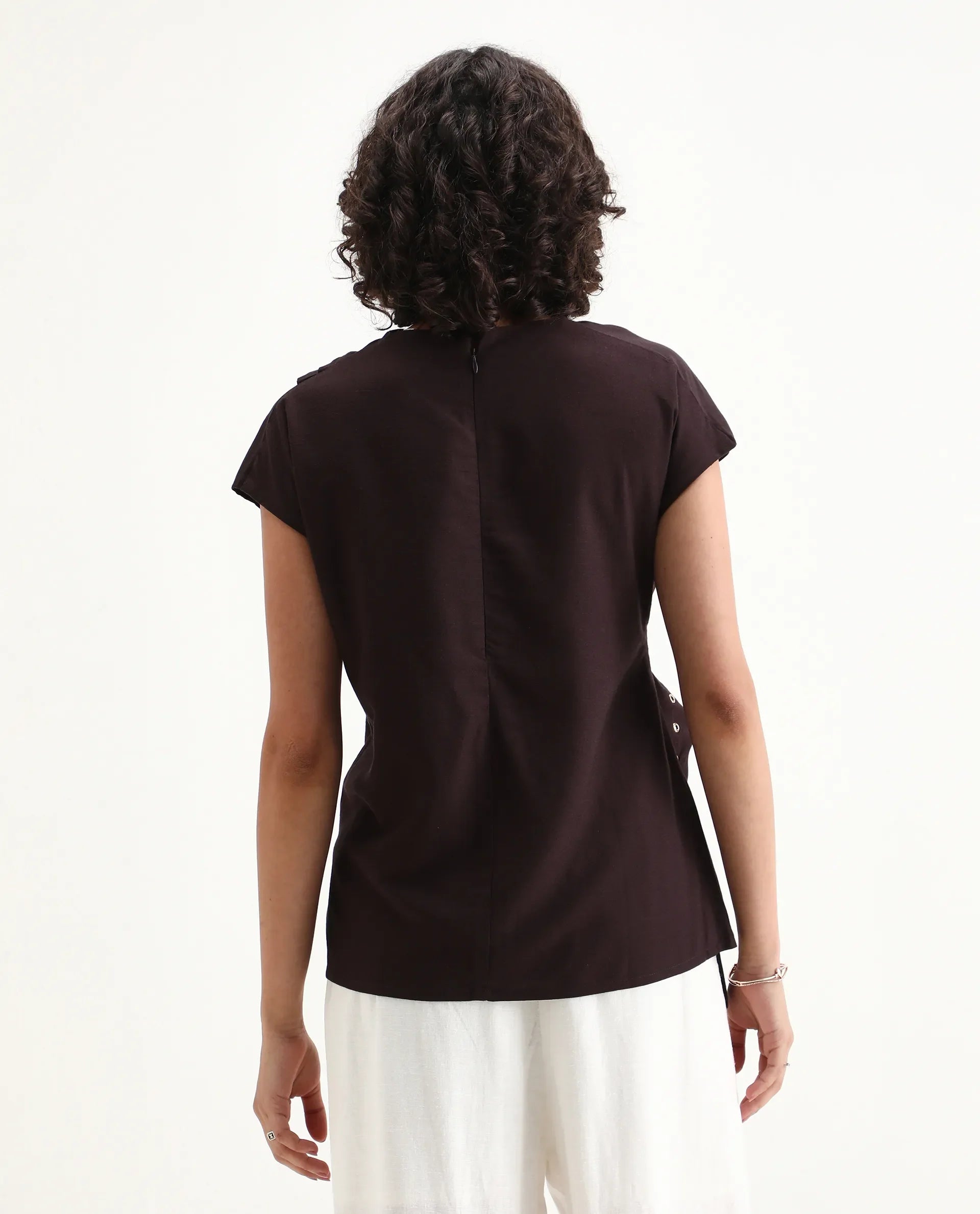 Rareism Women's Nusero Brown Viscose Sleeveless Cowl Neck Regular Fit Plain Top | RAREISM at Broadway