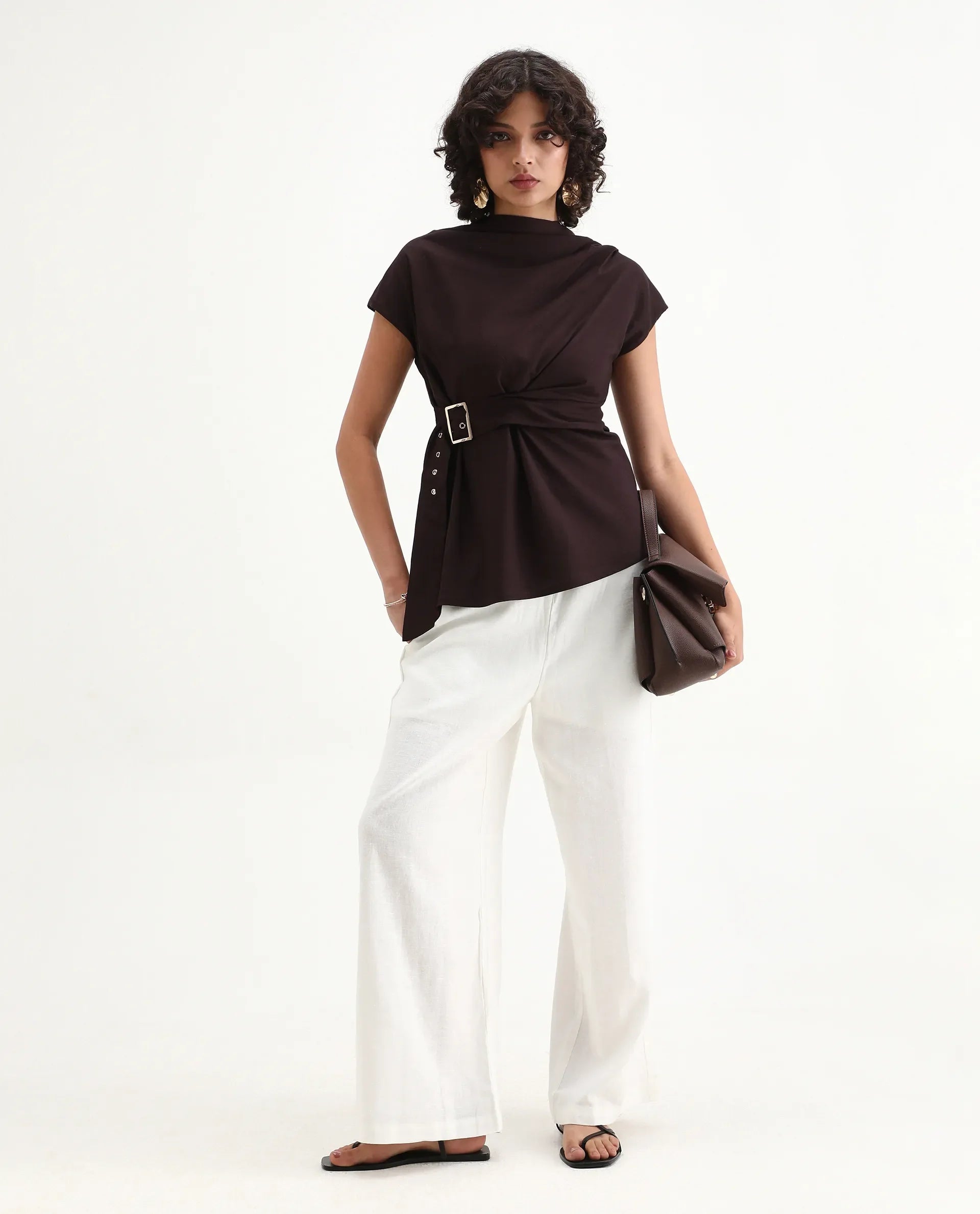 Rareism Women's Nusero Brown Viscose Sleeveless Cowl Neck Regular Fit Plain Top | RAREISM at Broadway