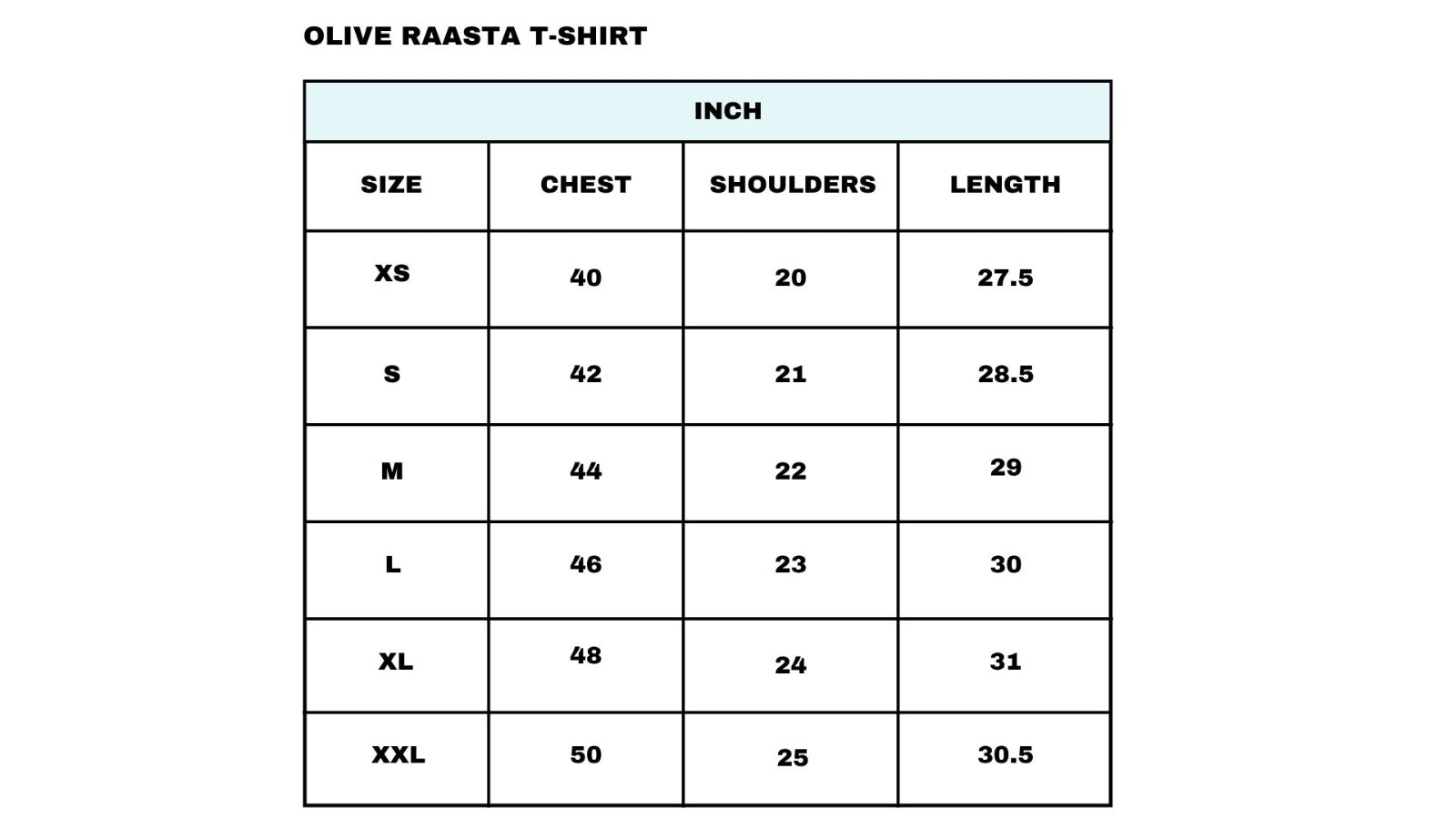 Size Chart for Olive Raasta Indie T-shirt