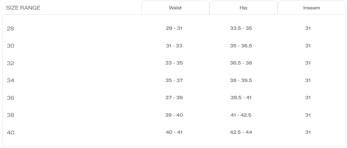 Size Chart for All In Pants