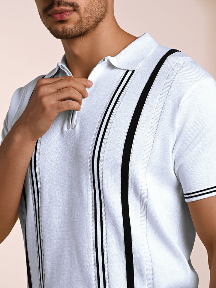 Men's White and Black Striped Knitted Polo T-shirt