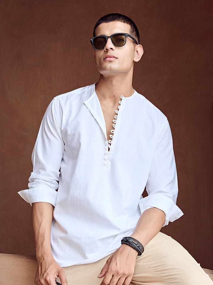 Arc Cotton Short Kurta - Designed Placket | Kingdom Of White at Broadway