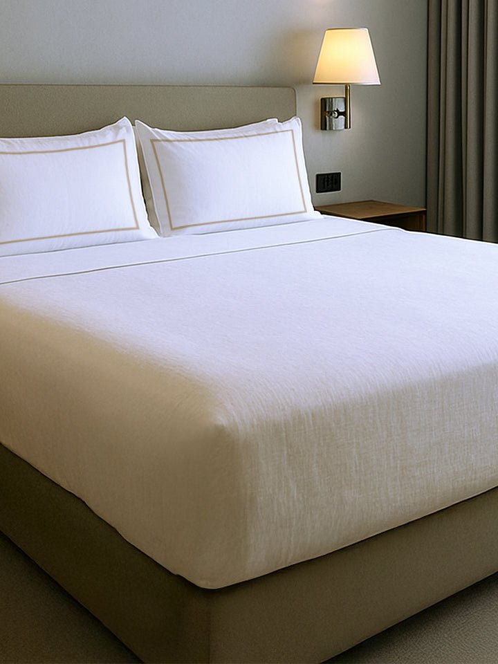 White & Beige Bordered Crest Bed Set | Kingdom Of White at Broadway
