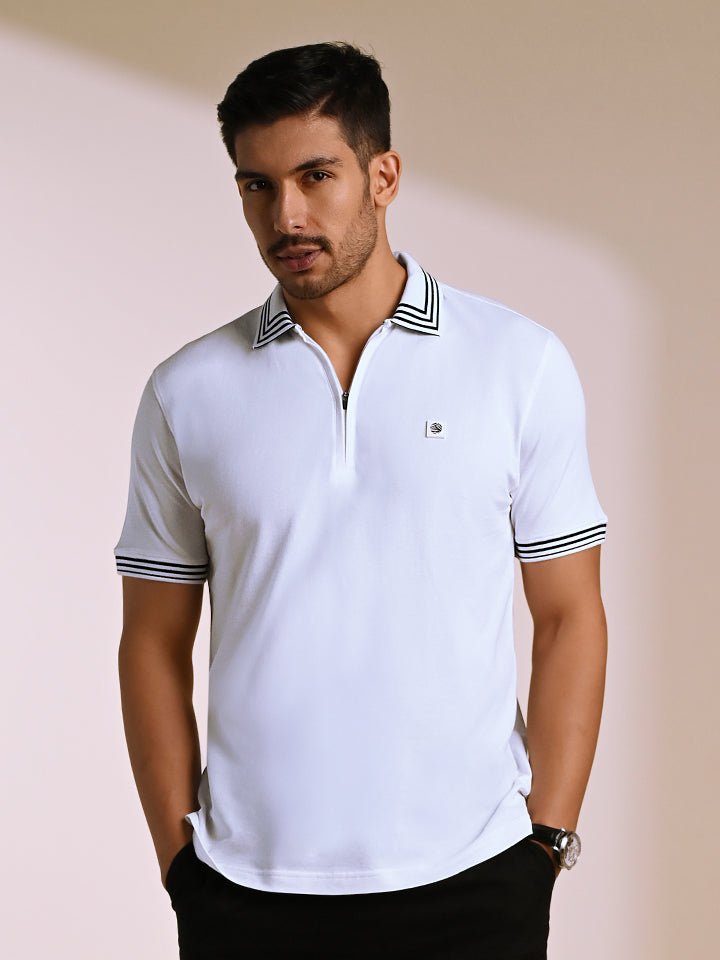 White Striped Quarter-Zip Polo T-shirt | Kingdom Of White at Broadway