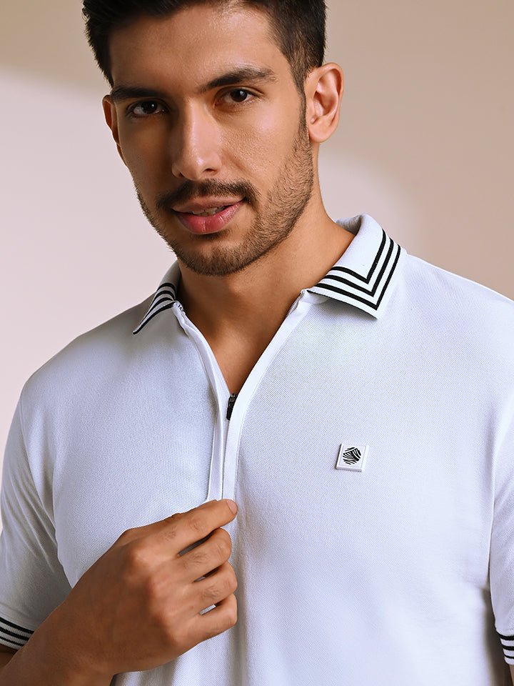 White Striped Quarter-Zip Polo T-shirt | Kingdom Of White at Broadway
