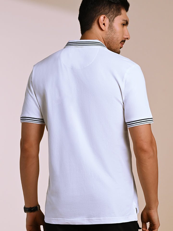 White Striped Quarter-Zip Polo T-shirt | Kingdom Of White at Broadway
