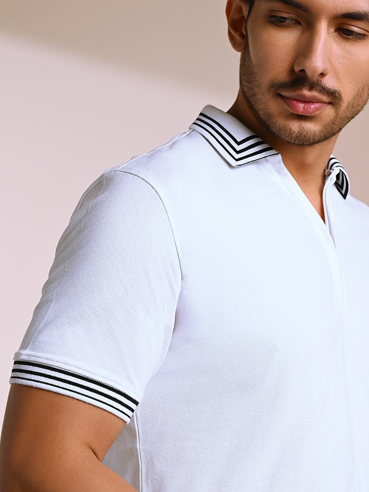 White Striped Quarter-Zip Polo T-shirt | Kingdom Of White at Broadway