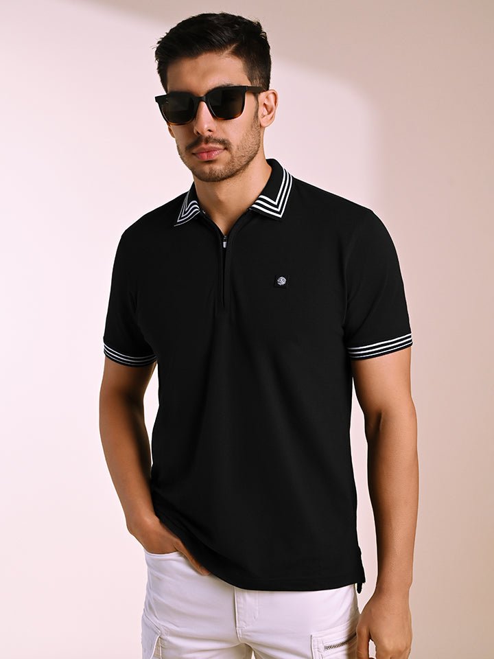 Quarter Zip Black Striped Polo T-Shirt | Kingdom Of White at Broadway