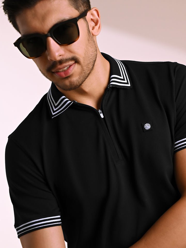 Quarter Zip Black Striped Polo T-Shirt | Kingdom Of White at Broadway