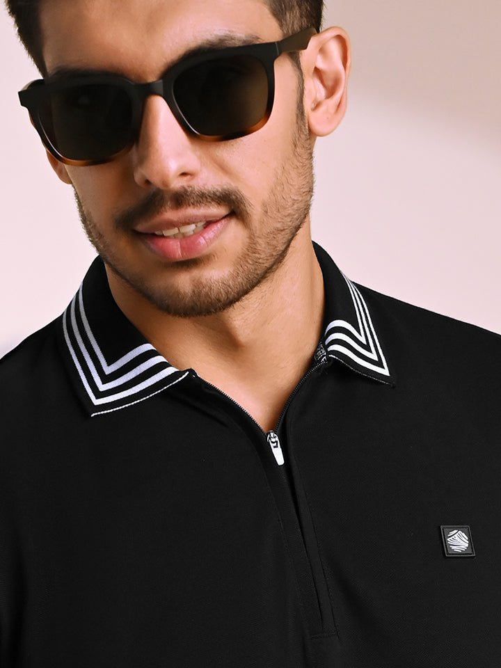 Quarter Zip Black Striped Polo T-Shirt | Kingdom Of White at Broadway