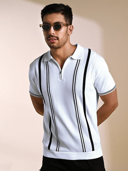 Men's White and Black Striped Knitted Polo T-shirt