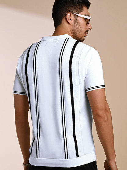 Men's White and Black Striped Knitted Polo T-shirt