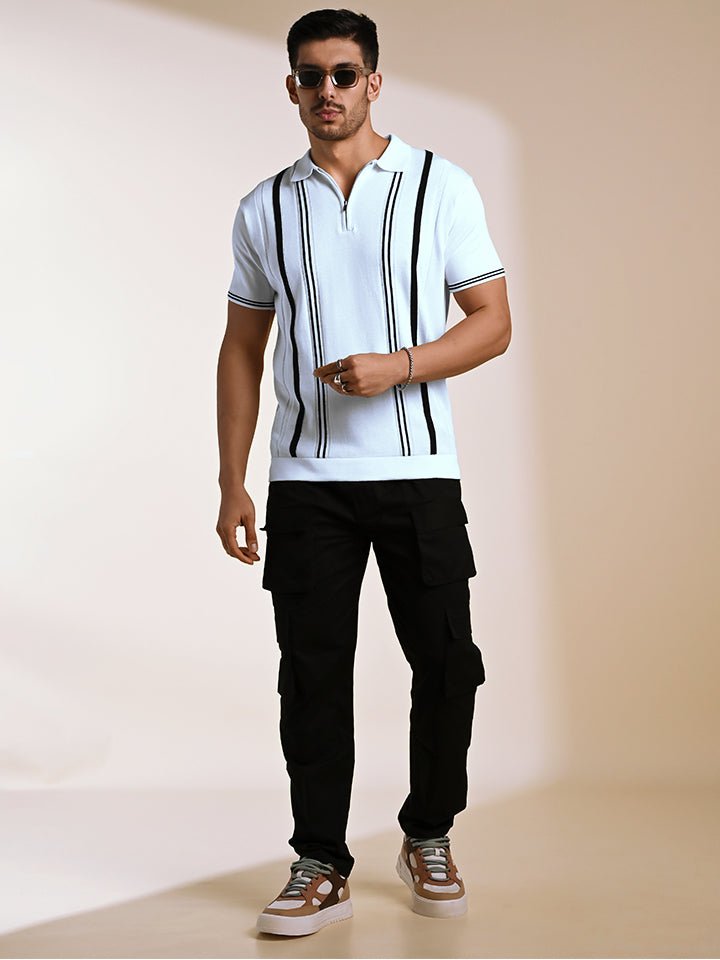 Men's White and Black Striped Knitted Polo T-shirt