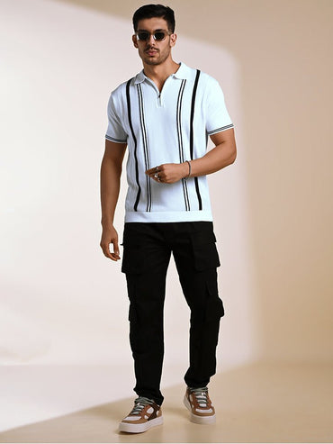 Men's White and Black Striped Knitted Polo T-shirt