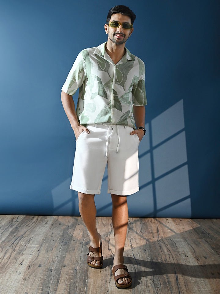 White Solid Linen Shorts