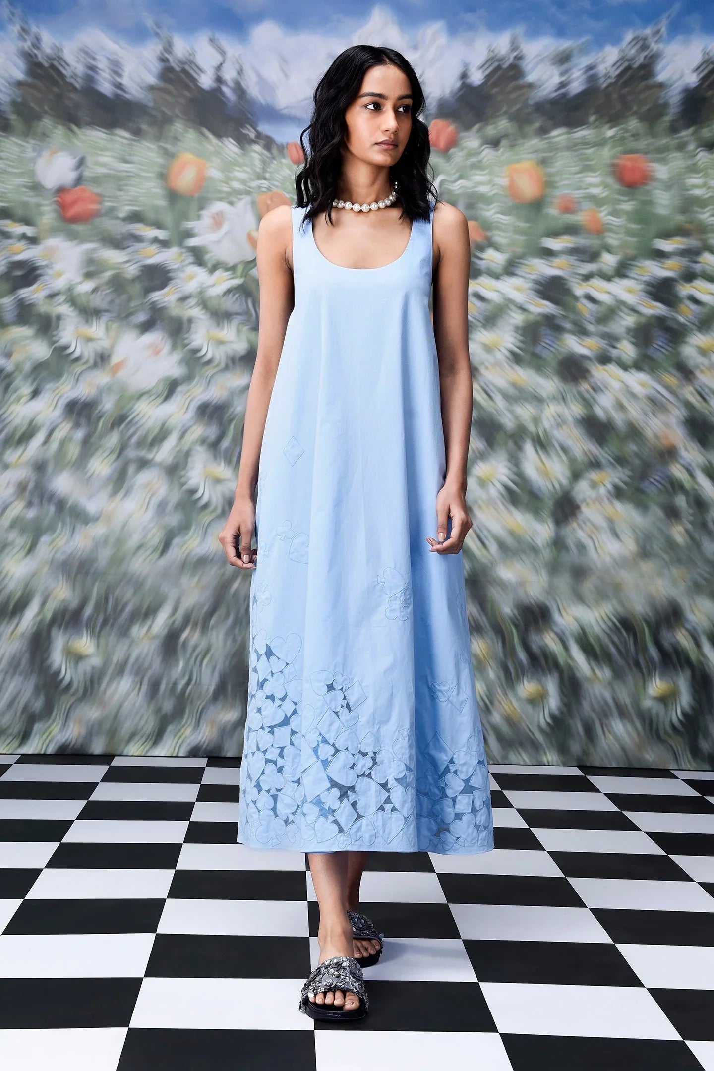 Playing Card Maxi A-Line Dress- Light Blue
