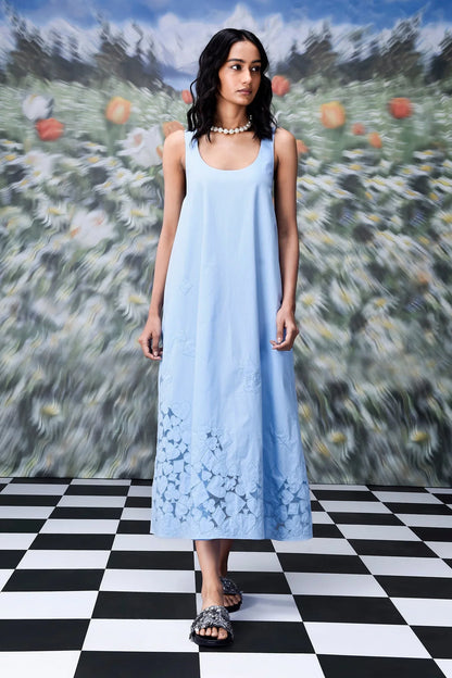 Playing Card Maxi A-Line Dress- Light Blue