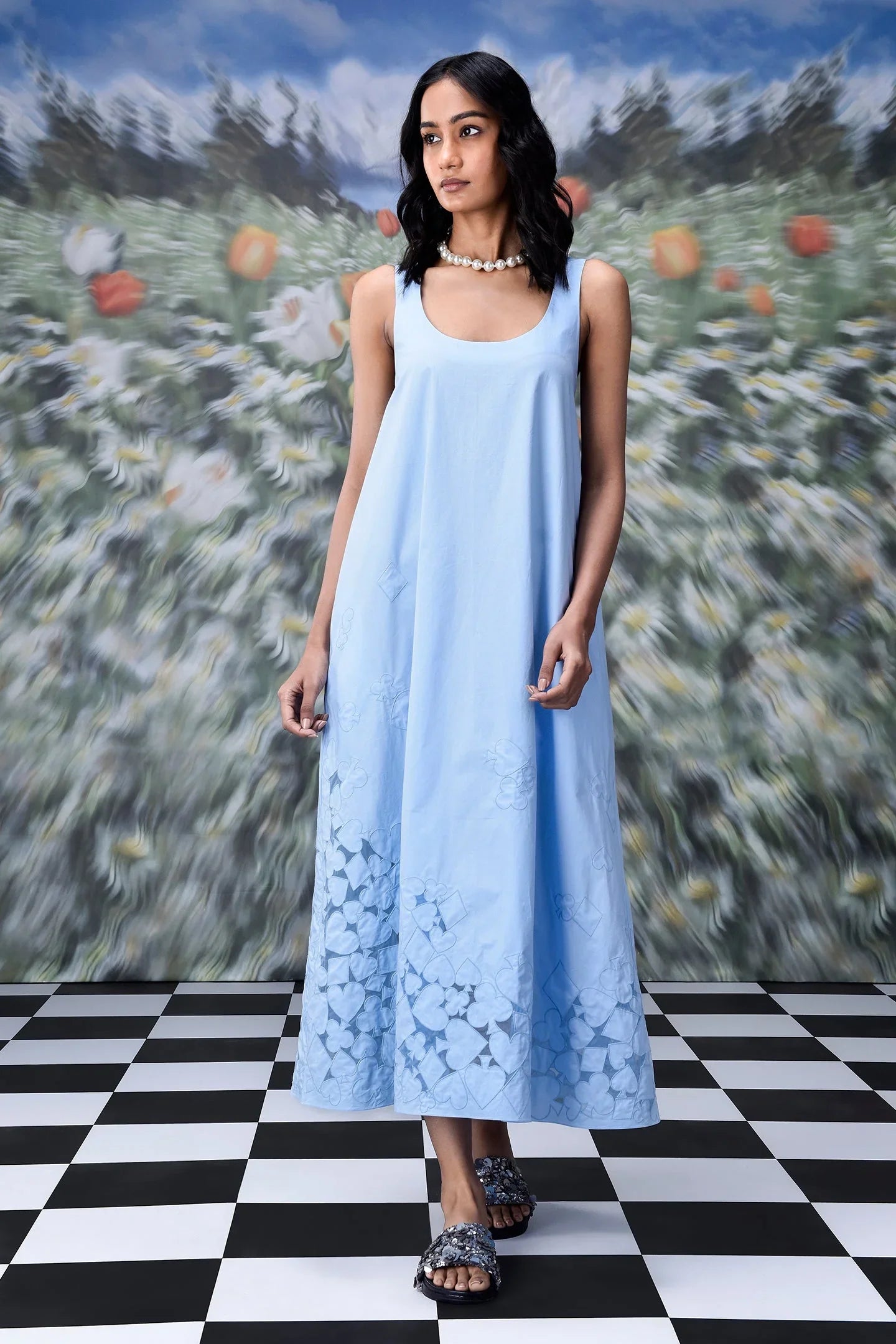 Playing Card Maxi A-Line Dress- Light Blue