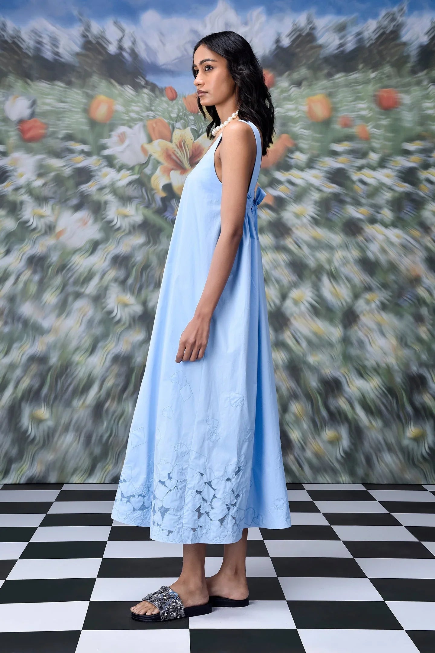Playing Card Maxi A-Line Dress- Light Blue