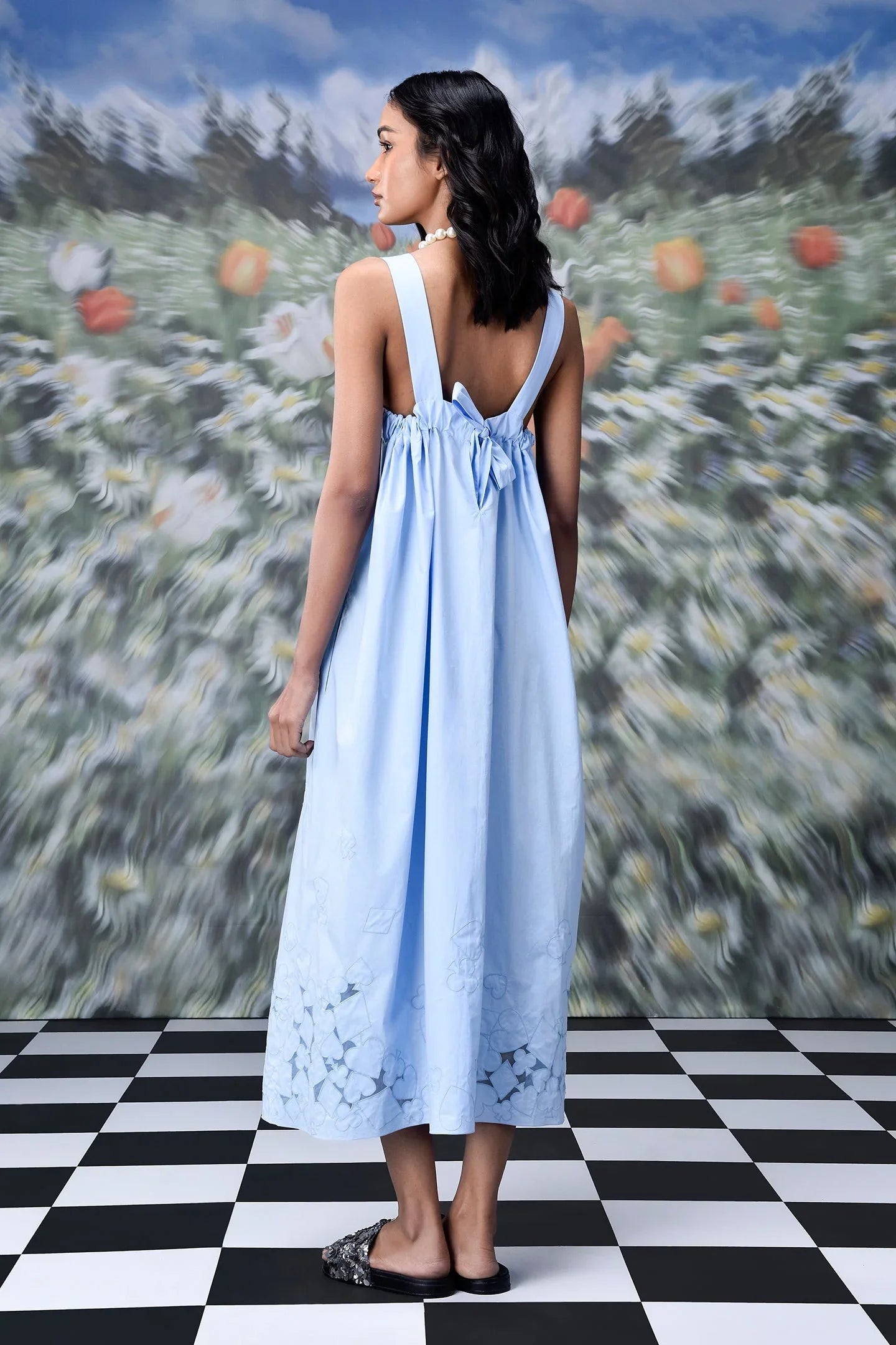 Playing Card Maxi A-Line Dress- Light Blue