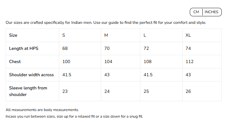 Size Chart for Flat Structure Polo Tee