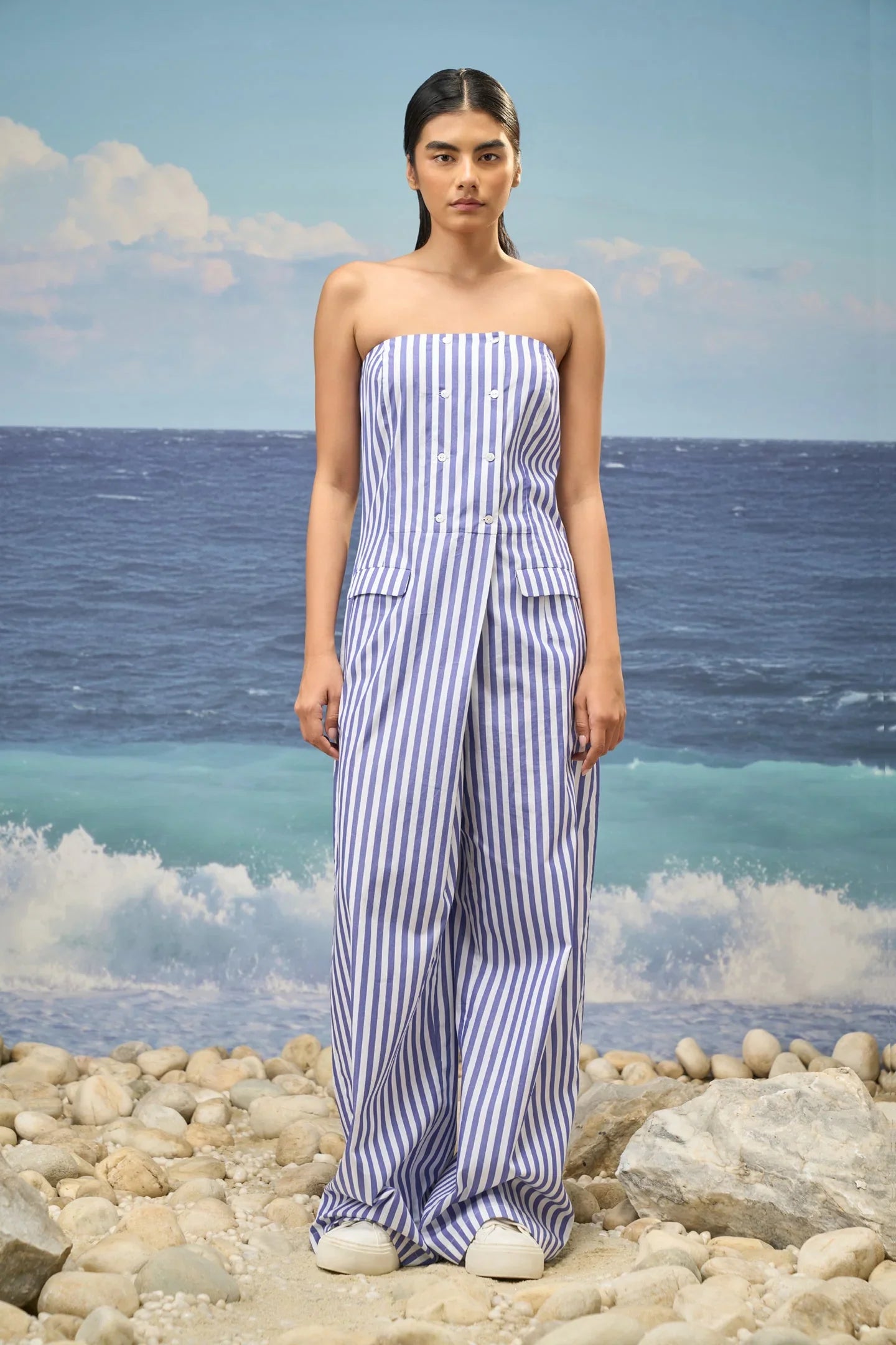 Premium Strapless Jumpsuit in Navy Striped Cotton