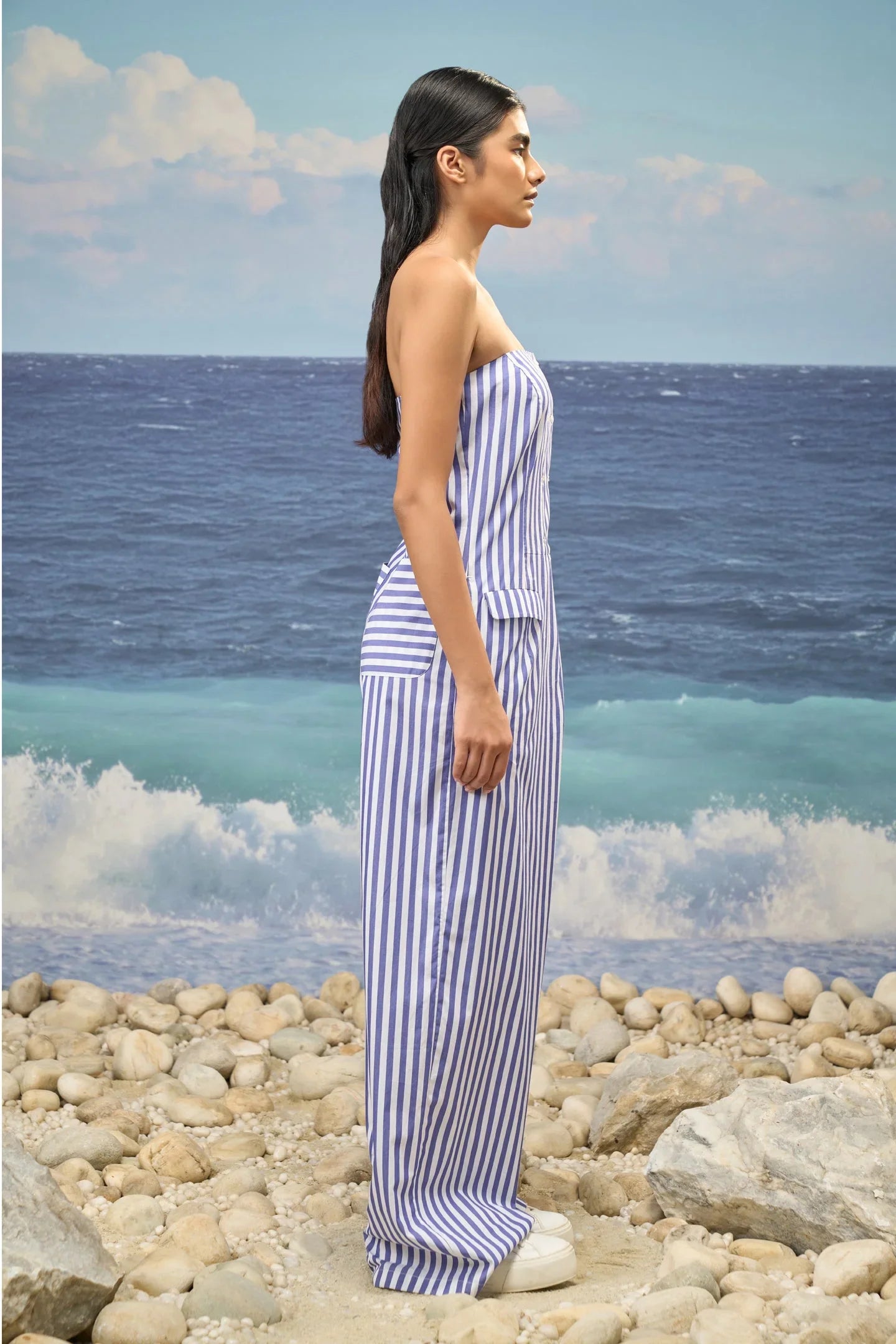 Premium Strapless Jumpsuit in Navy Striped Cotton