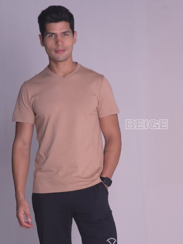 Beige Supima V Neck T-shirt - Regular Fit