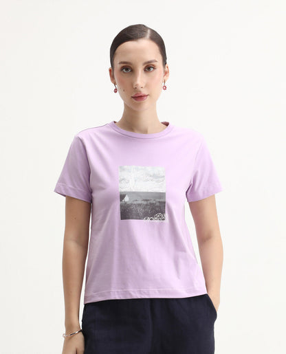 Rareism Women's Prife Light Purple Polyester Blend Crew Neck Graphic Print Regular Fit T-Shirt | RAREISM at Broadway