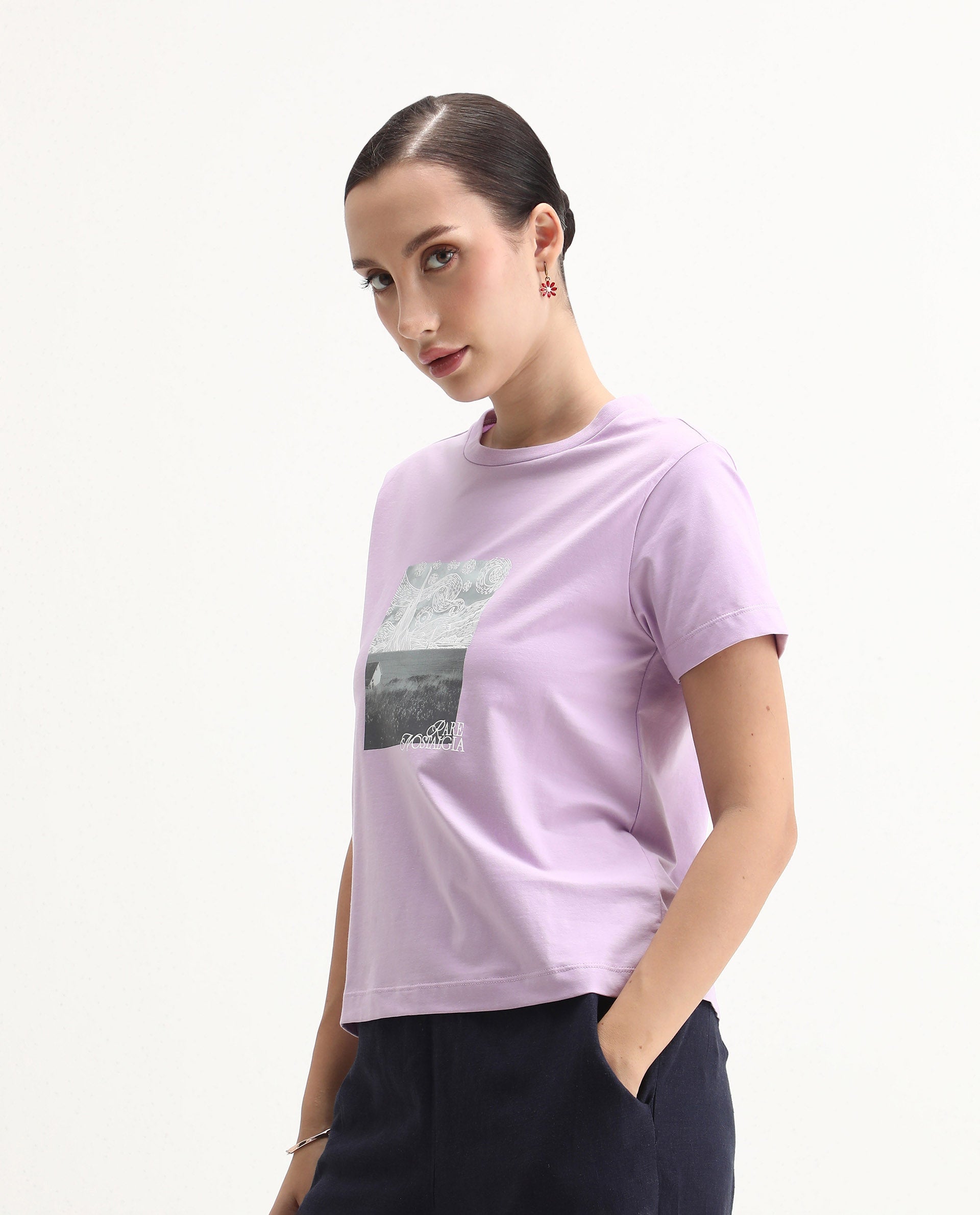 Rareism Women's Prife Light Purple Polyester Blend Crew Neck Graphic Print Regular Fit T-Shirt | RAREISM at Broadway