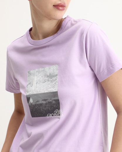 Rareism Women's Prife Light Purple Polyester Blend Crew Neck Graphic Print Regular Fit T-Shirt | RAREISM at Broadway