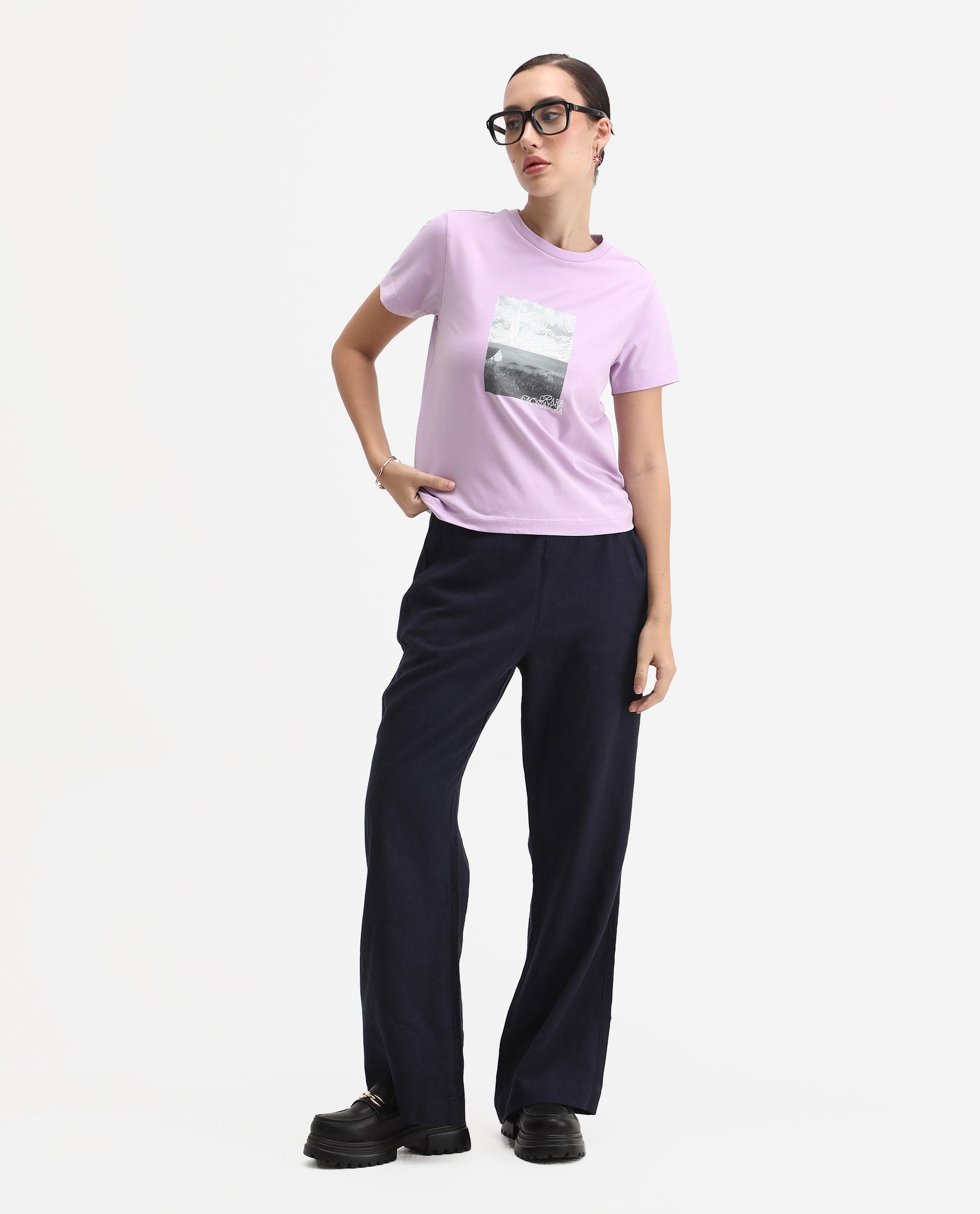 Rareism Women's Prife Light Purple Polyester Blend Crew Neck Graphic Print Regular Fit T-Shirt | RAREISM at Broadway