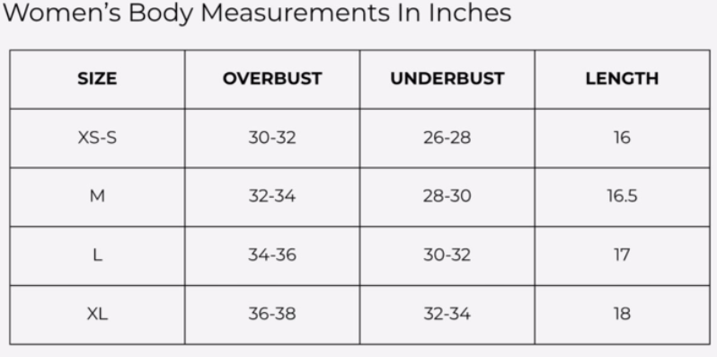 Size Chart for REFLEX SPORTS BRA