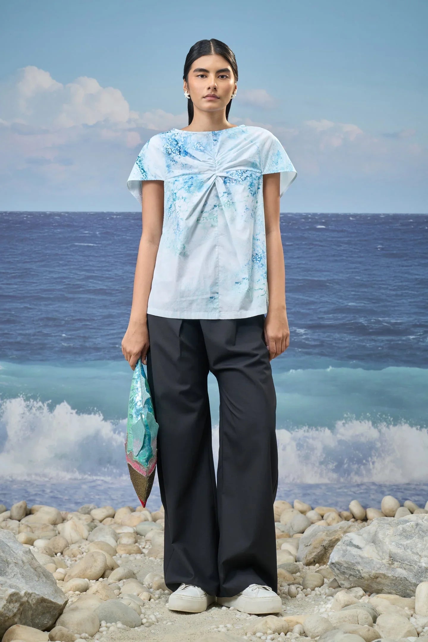 Relaxed-Fit Top in Premium Cotton Poplin with Watercolour Print