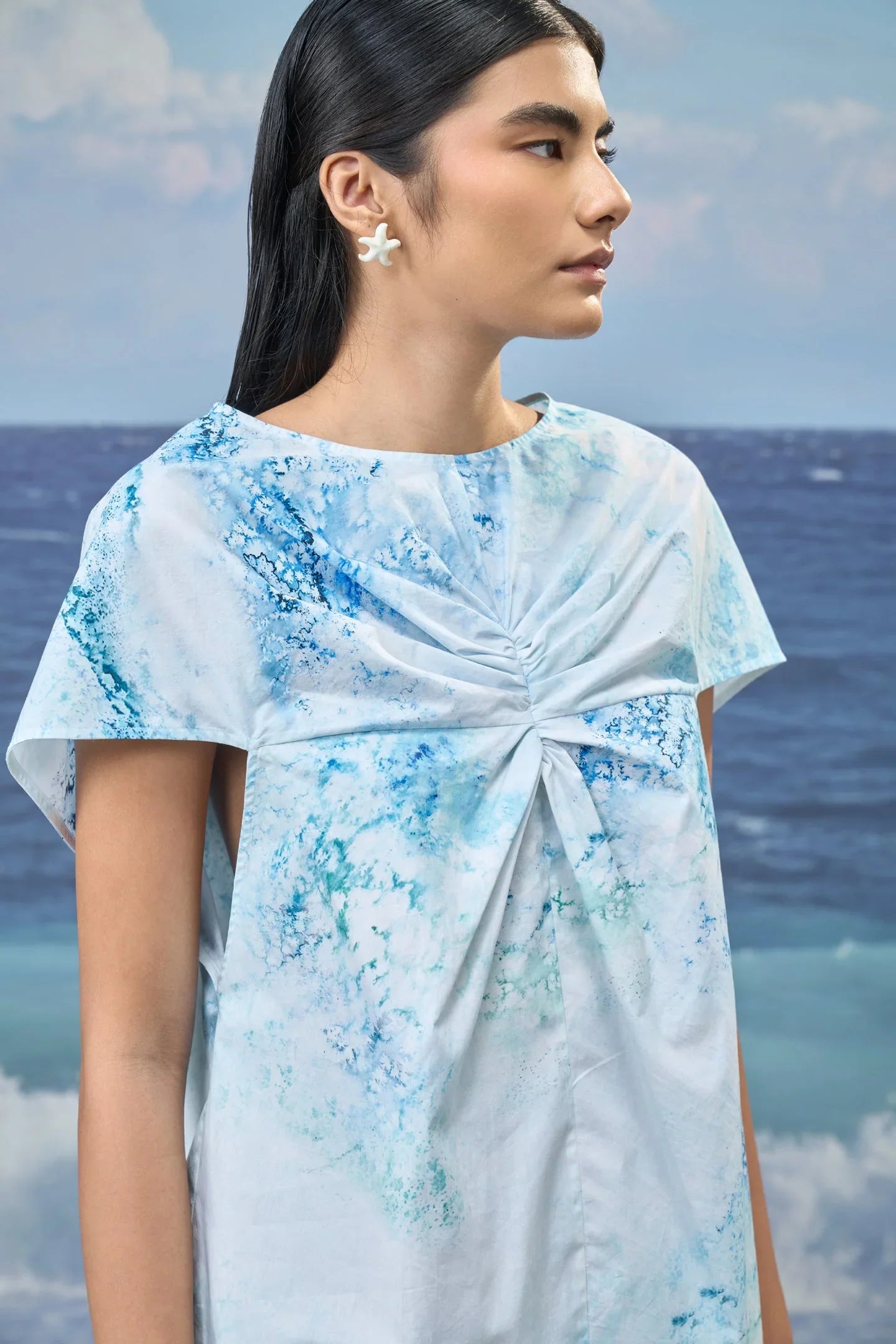 Relaxed-Fit Top in Premium Cotton Poplin with Watercolour Print