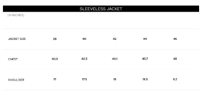 Size Chart for Bare Brown Reversible Jacket - Navy & Black