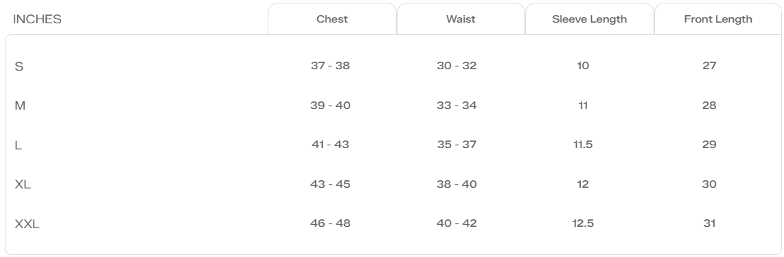 Size Chart for Stepwise Tee