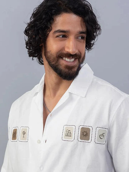 Shoreline White Embroidered Linen Shirt Embroidery zoom