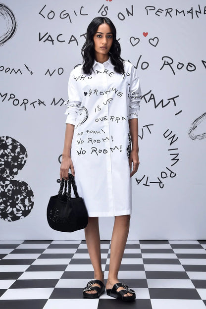 Scribble Text  Relax Fit Shirt Dress- White