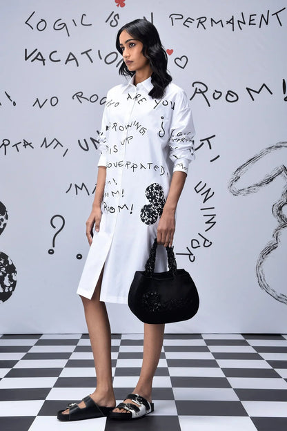 Scribble Text  Relax Fit Shirt Dress- White