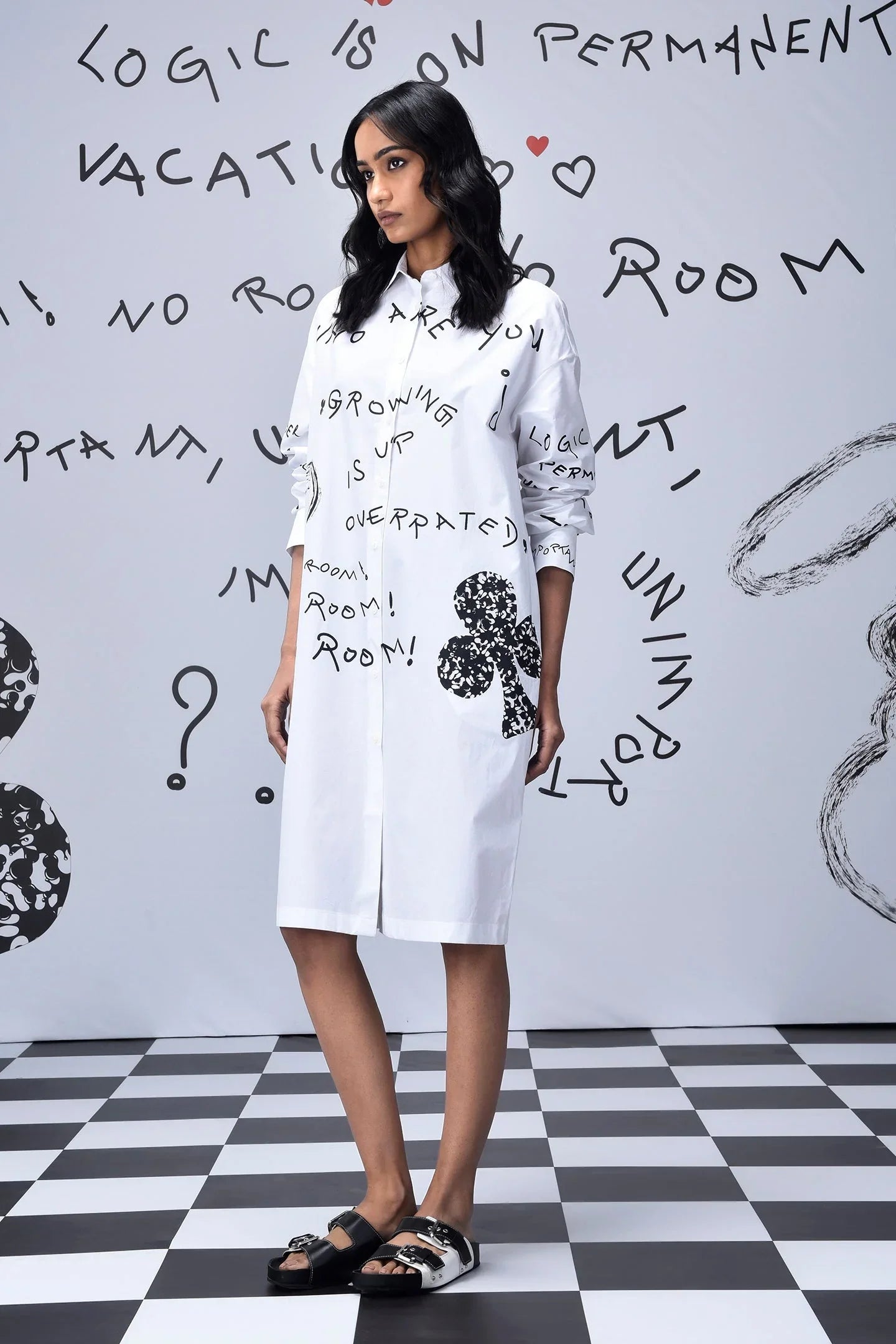 Scribble Text  Relax Fit Shirt Dress- White