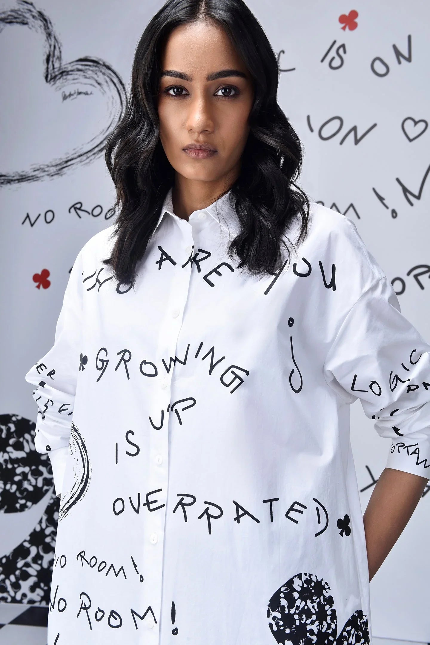 Scribble Text  Relax Fit Shirt Dress- White