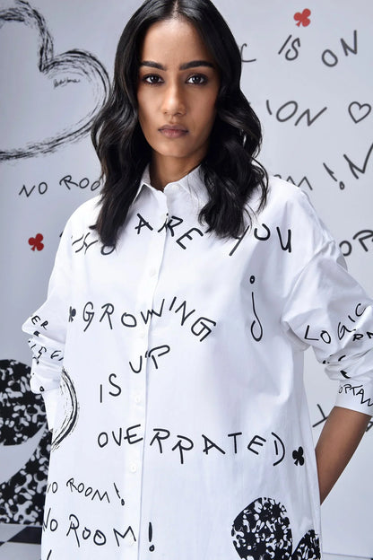 Scribble Text  Relax Fit Shirt Dress- White